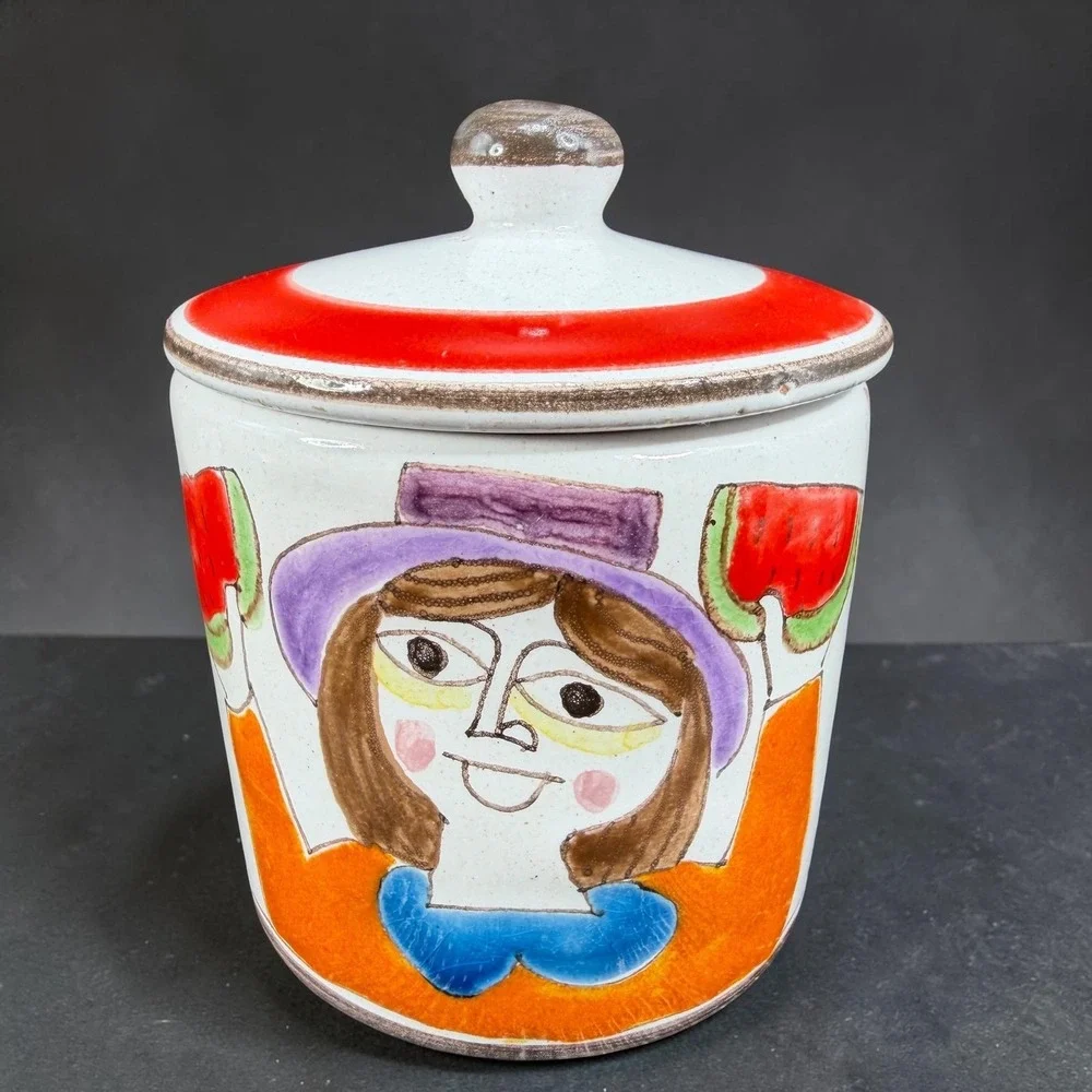 De Simone Italy Salvia Spice Jar Hand Painted Ceramic Folk Art Woman Watermelon